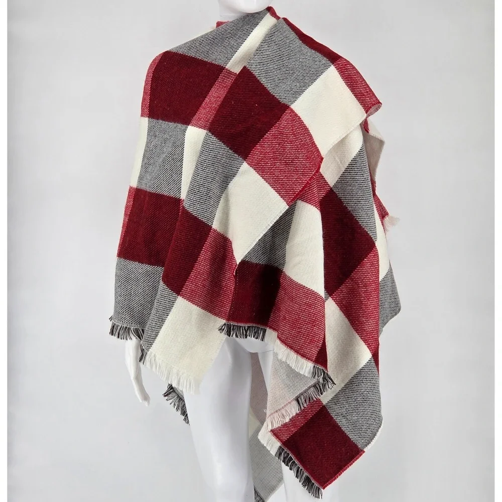 Banana Republic Blanket Shawl Wrap with Fringe - Red, Black, & White Plaid